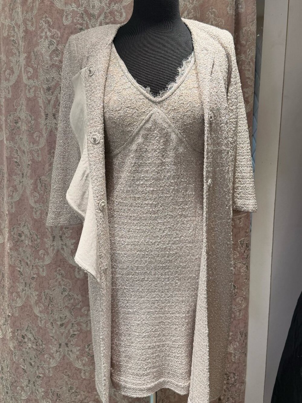 St. John Sparkly Beige Tweed Mini Dress + Jacket Set